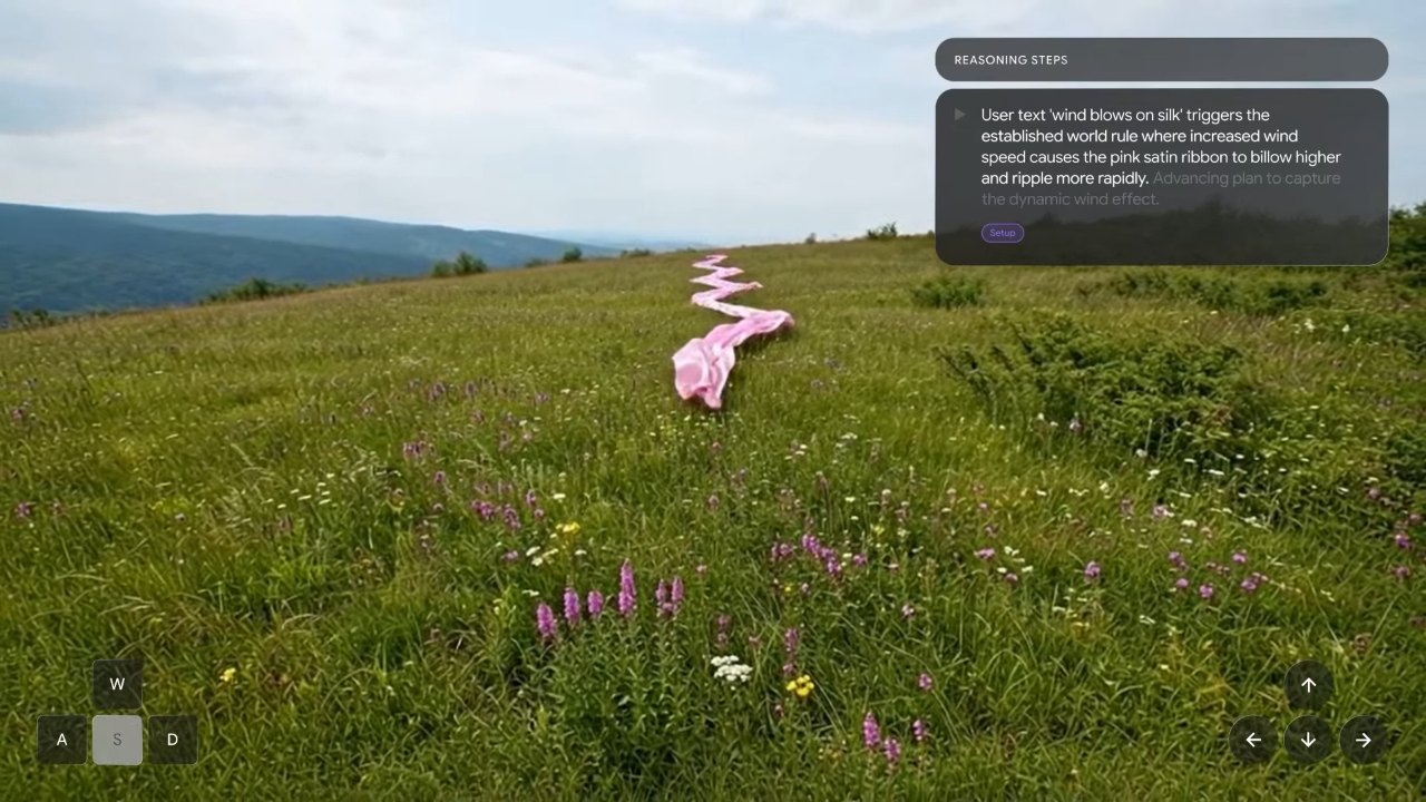 Frame from a Genie 4 demo clip showing a silk scarf in wind